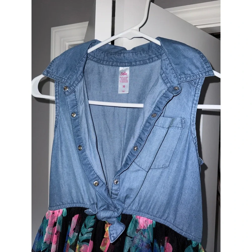 Justice Girls Size 10 Denim and Floral Tulle Tiered Mixed Media Tie‎ Front Dress